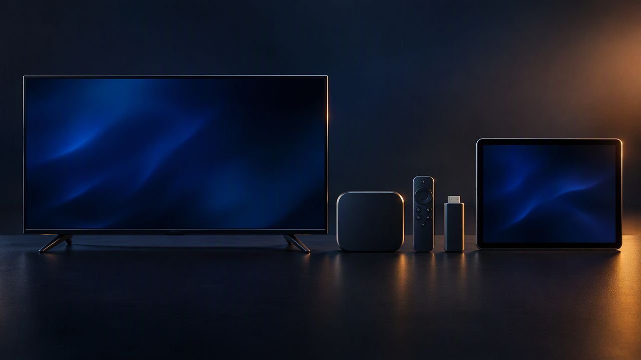 Appareils de diffusion alignés : téléviseur, boîtier multimédia, clé de streaming et tablette