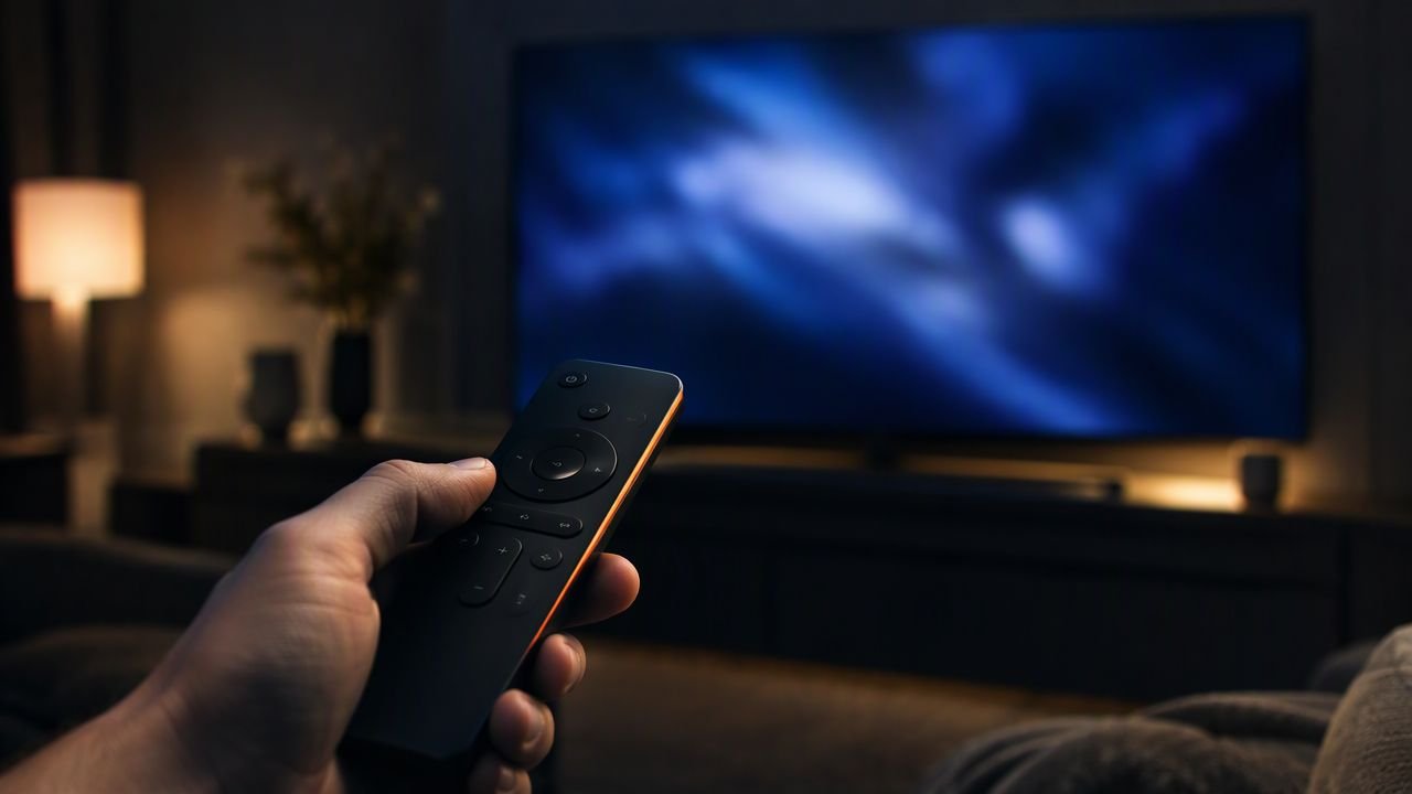 Télécommande tenue devant un téléviseur allumé, étape de configuration d’une application